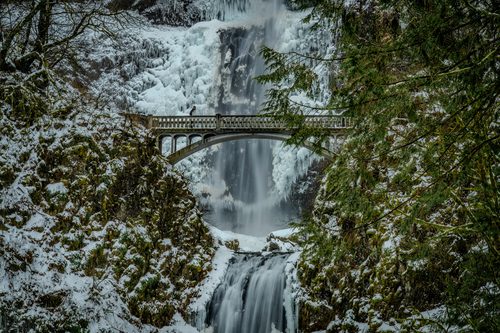 Multnomah Falls in snow, Columbia River Gorge, Oregon