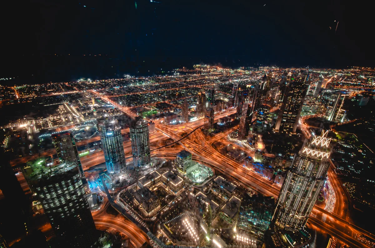 Downtown Dubai at night from above, United Arab Emirates
