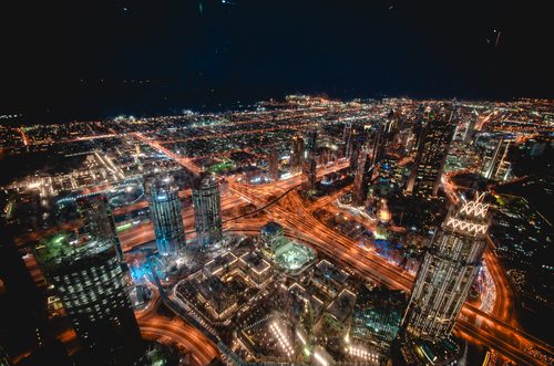 Downtown Dubai at night from above, United Arab Emirates