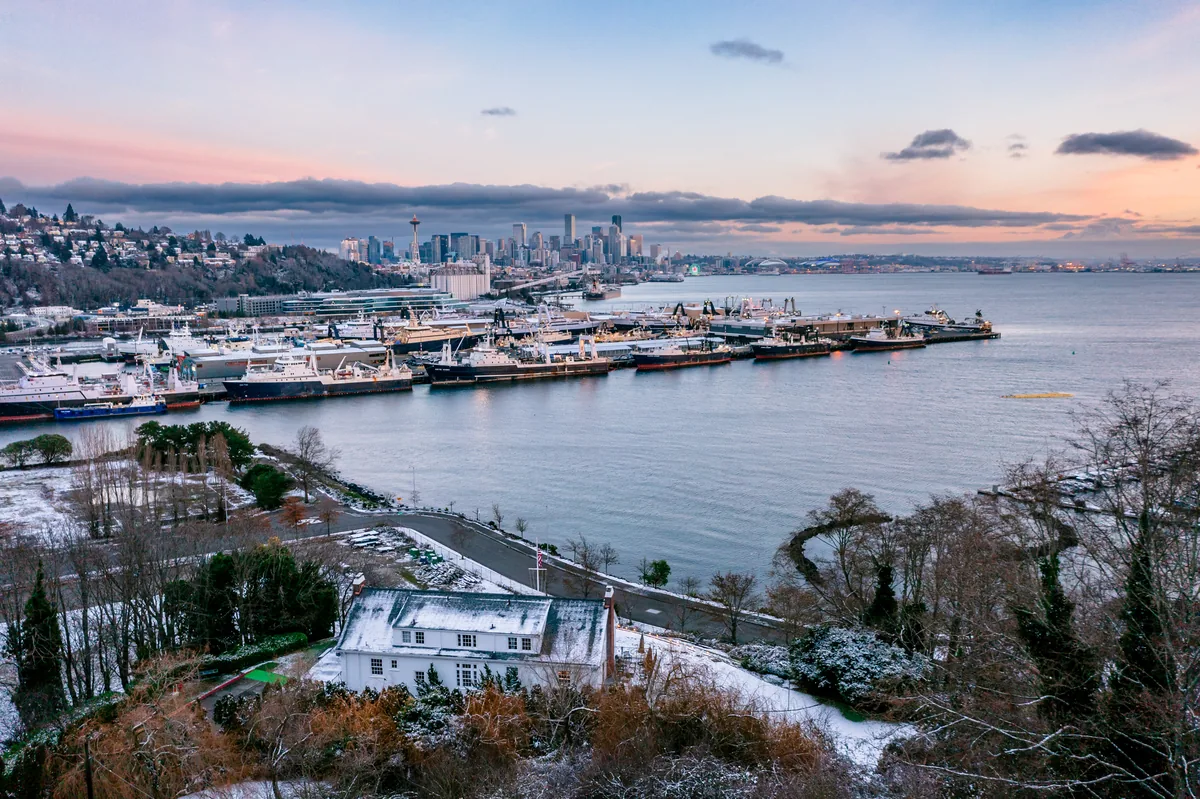 Snowy evening over Elliott Bay, Seattle, Washington