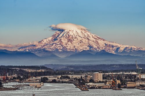 Mount Rainier over the Port of Tacoma, Washington