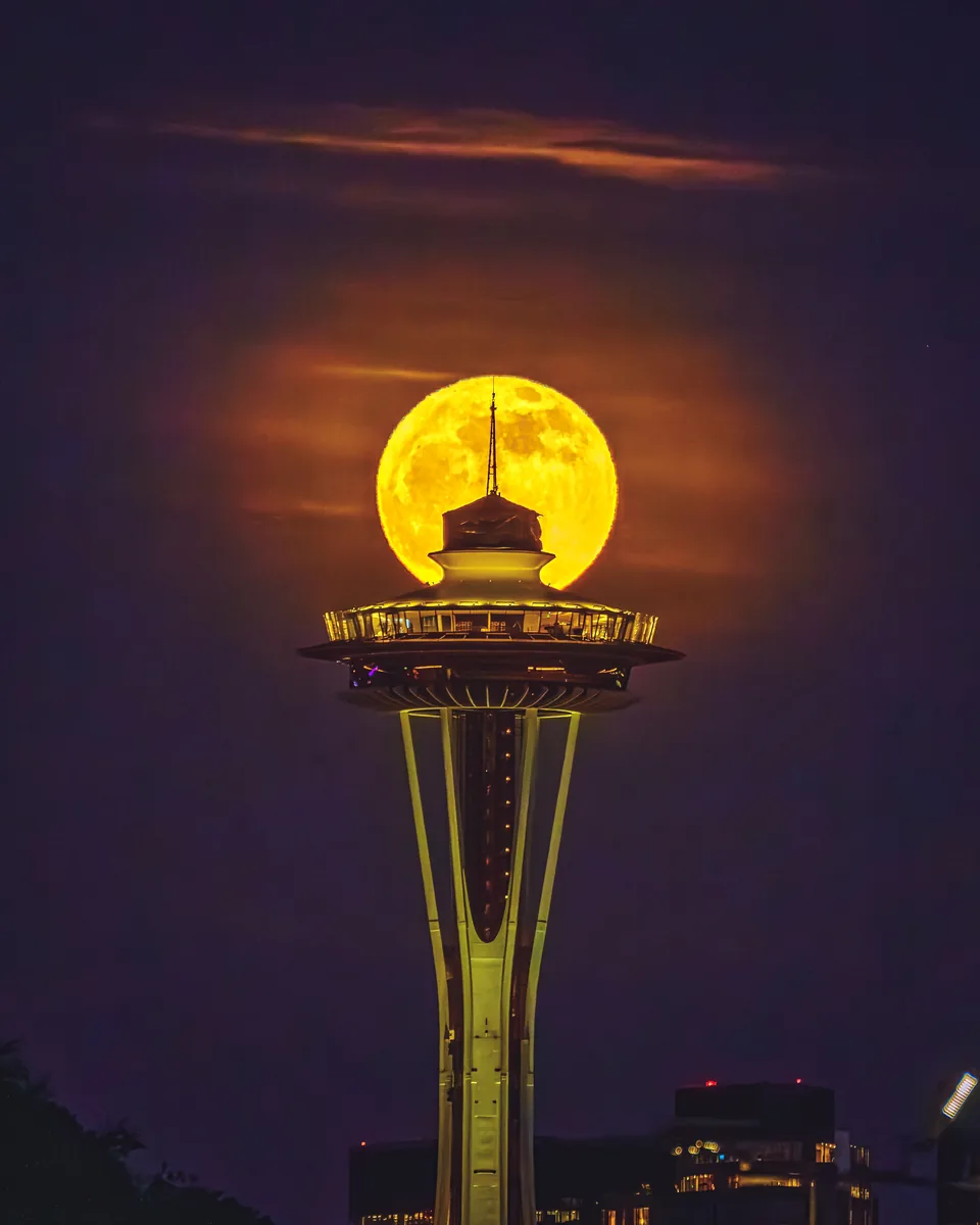Pink Moon over the Space Needle, Seattle, Washington