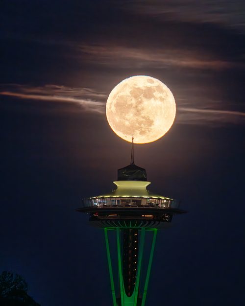 Moonrise above the Space Needle, Seattle, Washington
