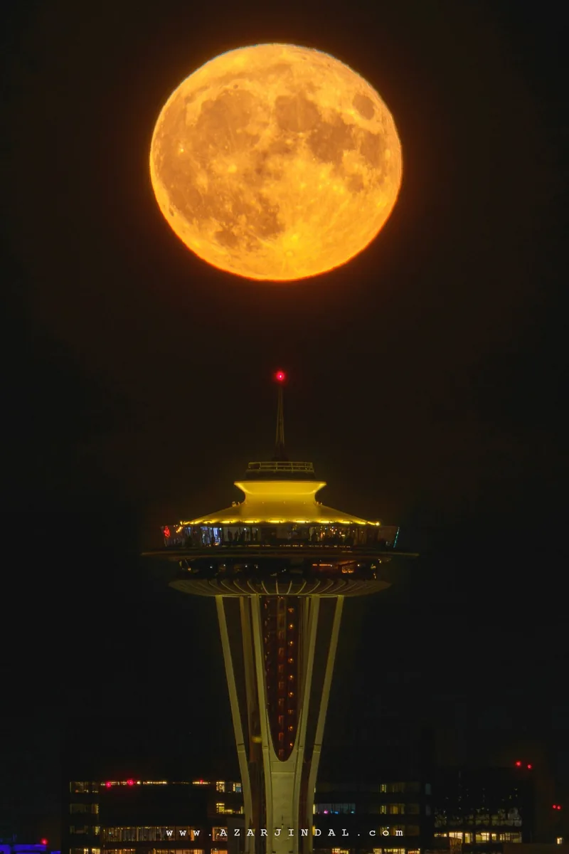 Moon above Seattle’s Space Needle, Washington